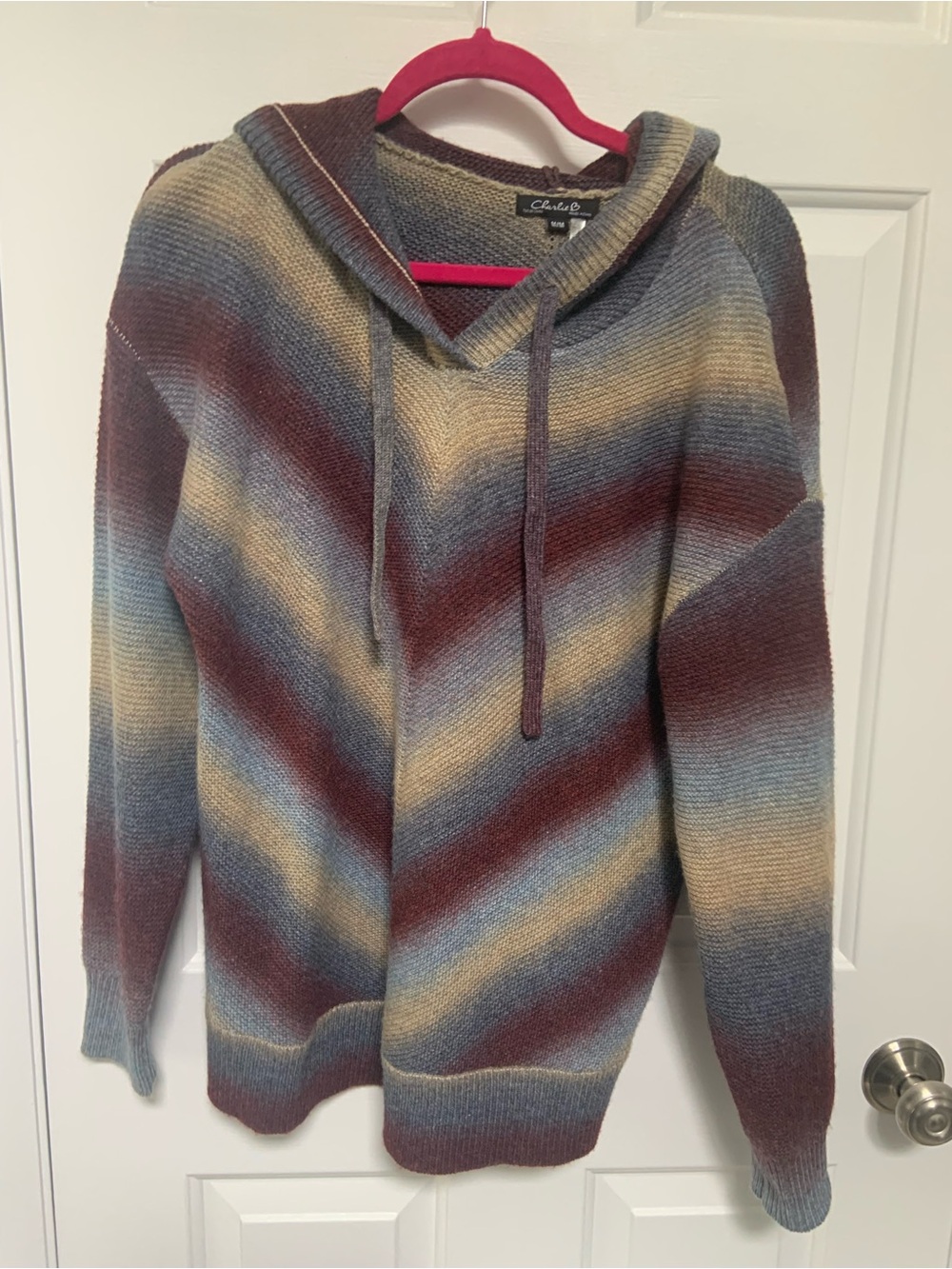 CHARLIE B women’s Striped Crewneck Hoodie in Burgundy, Blue & Beige